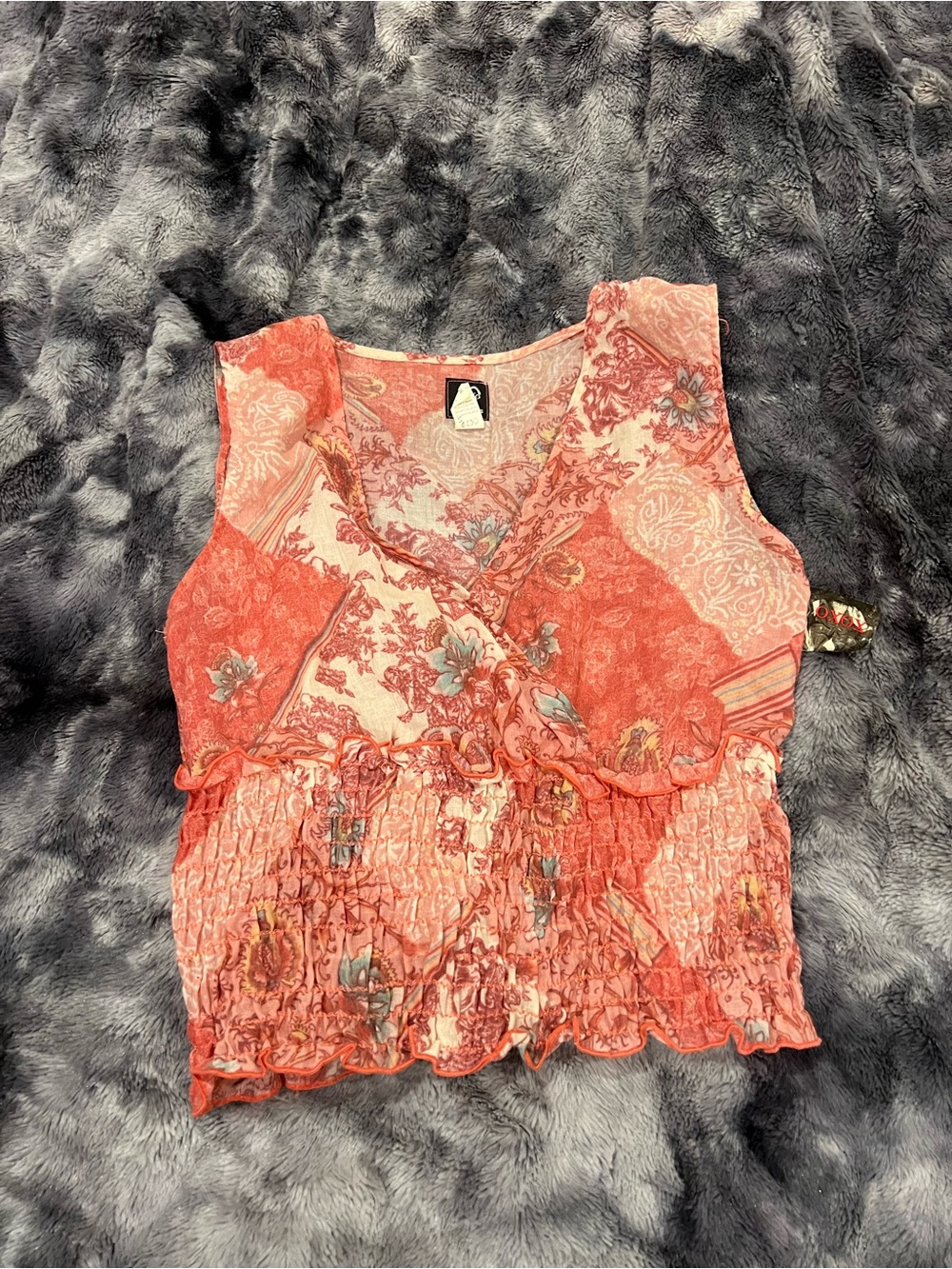 XOXO Coral Patchwork Floral Smocked V-Neck Camisole